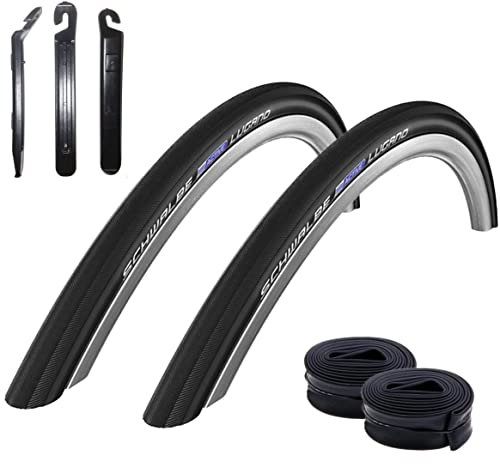 2 x Schwalbe Lugano 28 Rennradreifen K-Guard Fahrrad Mantel Decke in schwarz 700 x 33C (32-622) + 2 Schwalbe SV17 Schläuche inkl. Reifenheber