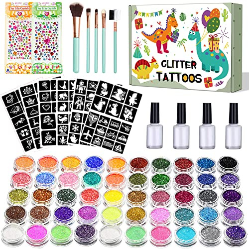 URFEDA Glitzer Tattoo Set Kinder, Temporäre Glitzertattoo Make Up Kit für Kinder, Mädchen,Erwachsene -50 Farben, Schablonen,Strasssteine, Hautfreundlich Körper Flash Tattoos für Fasching Party
