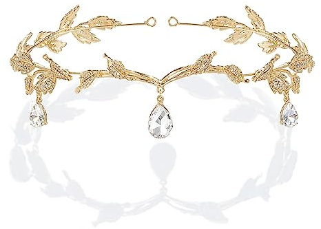 BABEYOND Crystal Leaf Wedding Diadem Headband Bridal Bridesmaid Forehead Band Rhinestone Bridal Tiara Crown with Gift Box, Gold, One size