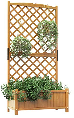 GiantexUK Garden Planter with Trellis, Wooden Raised Bed Climbing Support with Drain Holes, Outdoor Elevated Flower Pots Planting Box for Vegetables Herbs (No Hanging Roof, Dark Natural, 90x45x180cm)