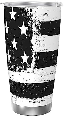 OHWODA Mug noir et blanc imprimé drapeau américain 591 ml avec couvercle, tasse portable de voiture, tasse isotherme en acier inoxydable