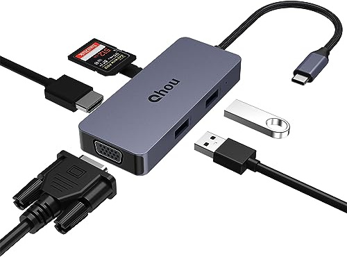 Qhou - Hub USB C con Soporte para Monitor Dual 4K HDMI y VGA, USB 2.0, Lector de Tarjetas SD/TF, Base USB C para MacBook Pro/Air, DELL/HP/Lenovo