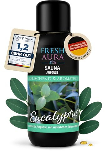 FRESH AURA Saunaaufguss – Sauna Aufgussmittel mit Eukalyptus und natürlichen ätherischen Ölen – Sehr ergiebiger und langanhaltender Saunaduft – erfrischend und entspannend | Made in Germany (100ml)