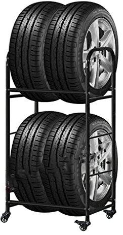 CMYUN Reifenregal Schwerlast-Reifenregal mit 4 Rädern, Schwarzes Metall 2-stöckiges Home Apartment Multi-Reifenhalter-Rack, Hält 4 Reifen mit Felgen