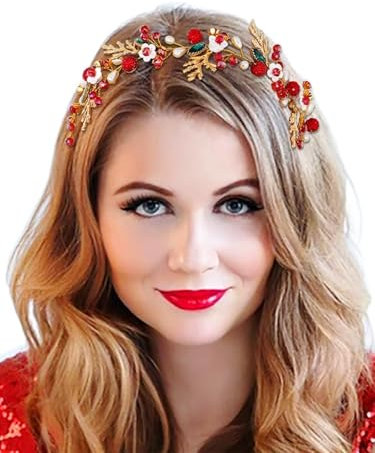 IYOU Kristall Weihnachten Haar Rebe Rot Strass Hochzeit Stirnband Blume Festival Xmas Braut Haarschmuck für Frauen