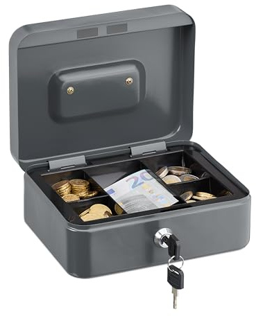 Relaxdays Caisse à Monnaie, verrouillable, Compartiment Amovible divisé en 5, Fer, H x L x P : 8,5 x 20 x 17 cm, Grise