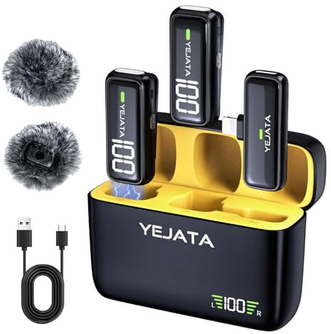 YEJATA Microfono Wireless per iPhone iPad con Trasmettitore Display Digitale e Custodia di Ricarica 36H, Microfono Lavalier Wireless con Clip per Registrazione Video - Set di 2
