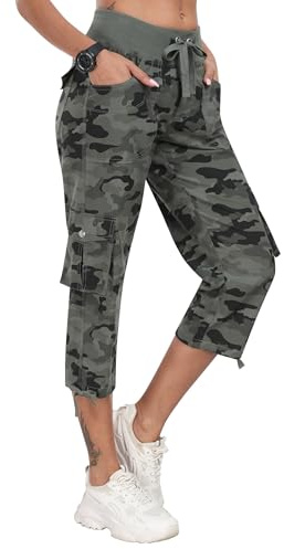 JINSHI Pantaloni Donna Estivi Cargo Pantaloni Capri 3/4 Pinocchietto Casual Lavoro Leggero Pantalone da Escursionismo con Tasche Verde Mimetico Taglia XL