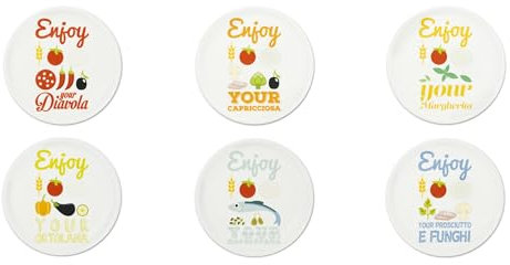 Excelsa Enjoyable Set 6 Piatti Pizza, Diametro 31 Cm., Porcellana, Multidecoro