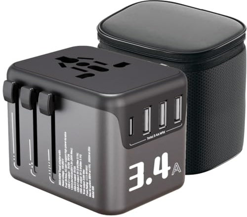 Reiseadapter Weltweit, Universal Reisestecker mit mit 3 USB A, 1 USB C und 1AC Steckdose, 5-IN-1 Universaladapter, Doppelte Sicherung, Reisestecker Weltweit für EU, UK, US, AU, Südafrika