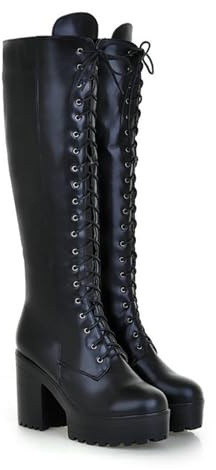 KUHAOFEU Women's Knee High Combat Boots Lace Up Platform Block Heel Motorcycle Riding Boot Biker Boots with Side Zipper,Black,8 UK