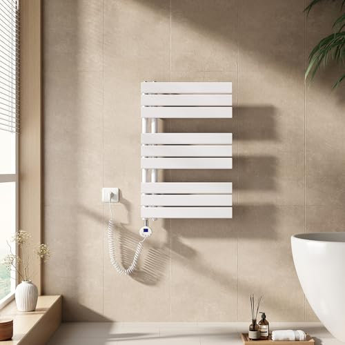 EMKE Handtuchheizkörper Elektrisch mit Thermostat 762x500 mm, Badheizkörper Handtuchhalter Elektrisch Handtuchwärmer Handtuchtrockner Handtuchheizung mit Heizstab Weiß 400W