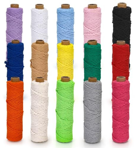 Aramanara Makramee-Schnur, 3 mm x 400 m, farbige natürliche Baumwollschnur, 15 Rollen weiches 4 Stränge Baumwollseil für DIY-Projekte, Pflanzenaufhänger, Geschenkverpackungen, Wandbehang (15 Farben)