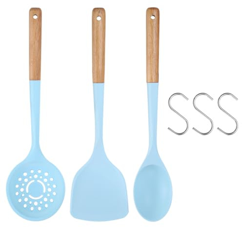 sourcing map Juego de 3 espátulas de silicona, cucharas de cocina antiadherentes con asas de madera, cuchara ranurada grande para mezclar, drenar, freír, revolver, color azul