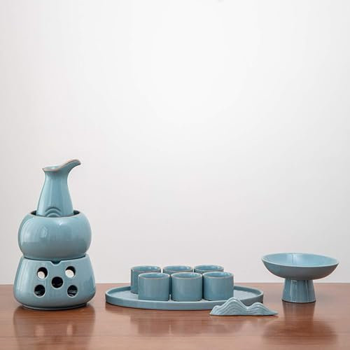 Set per sakè con scaldavivande, set tradizionale per sakè caldo in ceramica da 12 pezzi, tra cui 1 fornello a candela, 1 tazza riscaldante, 1 pentola per sakè, 6 tazze per sakè, 1 vassoio, 1 pogg