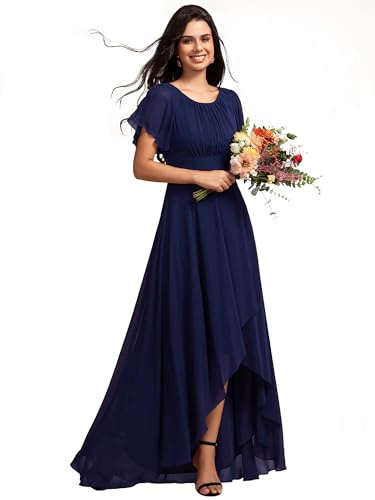 Ever-Pretty Abendkleider Elegantes Damen Für Hochzeit Chiffon Lang Ballkleider Kurze Ärmel Rundhalsausschnitt Hoch-Tief Brautjungfernkleider Navy Blau 40