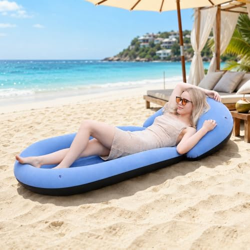 ROUSKY Inflatable Beach Mat with Pillow, Portable Flocked Beach Lounger with Raised Edges, 180 x 75 cm Sunbathing Mat for Beach, Poolside, Garden, Camping, Picnic and Summer Holiday