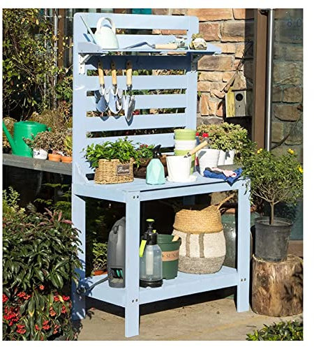 Potting Bench Work Station Potting Bench Garden Table for Outdoors Solid Wooden Work Station Gardening Bench Potting Table with Hooks.Blue-75x45x165cm