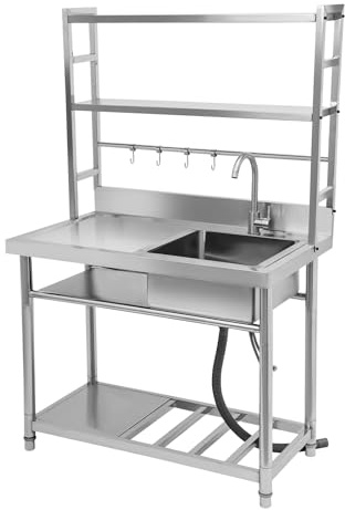 Freistehende Spültisch Spülbecken aus 201 Edelstahl mit mehrstöckigen Ablagen, Gewerbliche Küchenspüle Einzelbeckenspüle mit Wasserhahn, Mobiles Campingküche Waschbecken mit Abtropfbrett