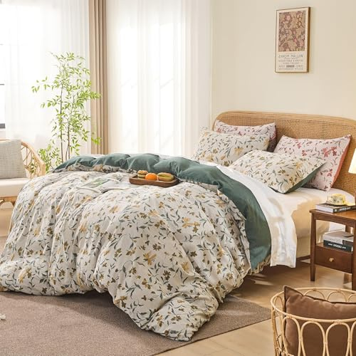 Simple&Opulence 100% Cotton Yarn-Dyed Jacquard Duvet King Size, 3 Pcs Floral Duvet Cover Set with 7 Inner Ties and Zipper Closure, Ultra Soft Bedding Set for All Seasons (Green, 104 x 92)