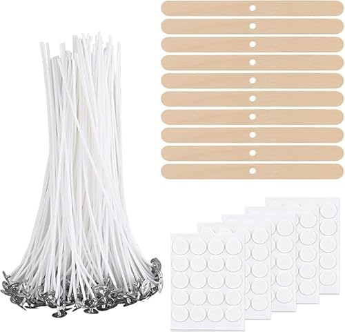 Kerzendocht Set - Enthält 100 Stück 10cm Kerzendochtfür Kerzen Docht 100 Stück Kerzen Klebeplättchen 20 Stück Dochthalter ideal für DIY Kerzenherstellung