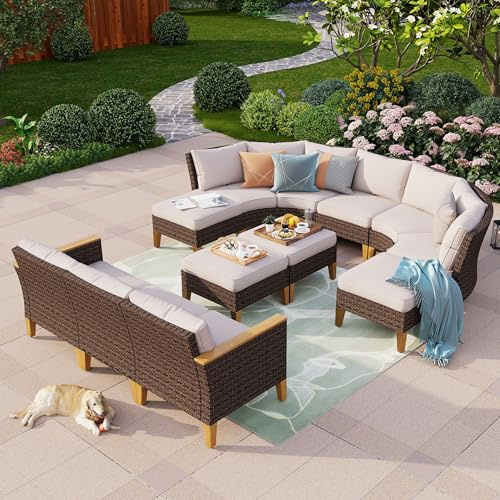 PHI VILLA Gartenmöbel Set Balkonmöbel 6 Stück, Rattan Lounge Möbel Outdoor Gartenlounge Set 12-Sitzer, Halbmond Terrassenmöbel Modulare Möbel mit Verstärkten Kissen, Braun & Beige