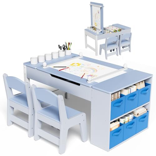 MAMIZO Kindertisch mit 2 Stühlen, Holz Tischstuhl Set, Stauraum, Maltisch mit Papierrolle, Maler- und Basteltisch