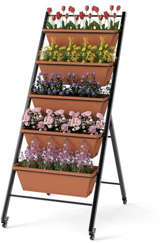 COSTWAY Jardinière Verticale Surélevée à 5 Bacs sur Roues (Marron) | Potager Extérieure Autoportante avec 5 Niveaux de Plantation et Trous de Drainage, pour des Plantes, Balcon Terrasse