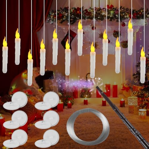 Lot de 12 bougies LED flottantes avec baguette magique - 17 cm - Fonctionne avec piles - Bougies LED sans flamme vacillantes pour l'intérieur et l'extérieur - Noël, Halloween, décoration de fête