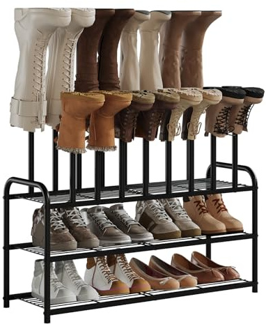 Kitsanery Shoe Rack, 100% Metal Boot Rack Organizer for Entryway, Closet & Garage, Free Standing Shoe Shelf for Storage Tall Boots, Sneakers, Cowboy Boots, Black (Large - 8 Pairs)
