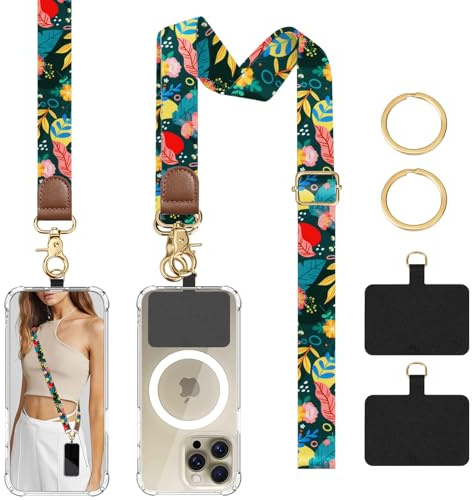 TiMOVO Universal Phone Lanyard Crossbody Wrist Strap, Green Flower | Adjustable Anti-Theft Strap for All Phone Cases, Secure Hands-Free Neck Wrist Lanyard for Women & Men Daily Travel