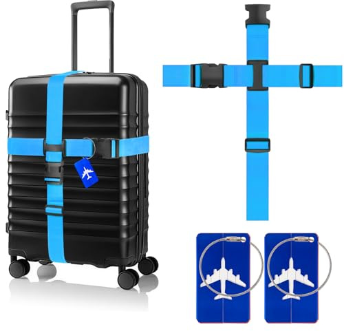 BILIONE Cross Luggage Straps and Luggage Tags Set, Cross Luggage Straps and 2 Tags Set, Heavy Duty Suitcase Belts Adjustable Travel Accessories for 20-32 Inch Luggage (Blue)