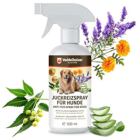 Veddelholzer Spray antipicazón para perros de 500 ml, spray calmante para el cuidado de la piel en caso de picazón e irritaciones cutáneas Con micro-plata, aloe vera y caléndula, hidratante y calmante