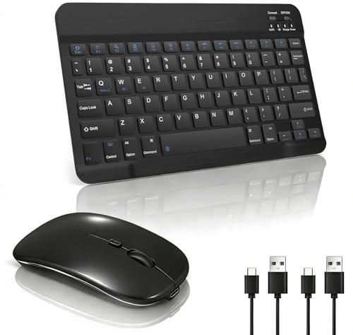 Wireless Keyboard and Mouse Combos,Ultra Slim Bluetooth 5.0 Rechargeable Set with USB-C,Portable for iPad,Mac, Windows,Android Smartphone (10-inch 78-Key Black, OS 10+)
