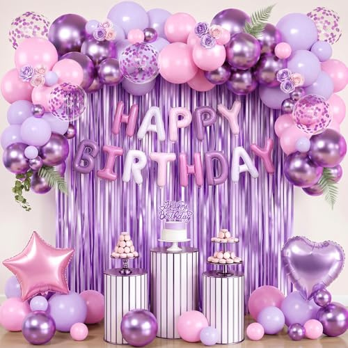 Geburtstagsdeko Lila Rosa-Rosa Kpop Stern Herz Ballon Set Mit Folienballon Lametta Vorhang Metallic Konfetti,Happy Birthday Ballon Für Geburtstagsdeko Frauen Mädchen 18th 21st 30th Demon Hunter Deko
