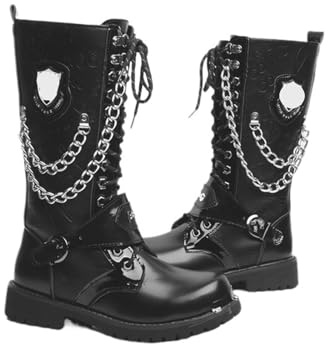 AKDJGFP Botas Vaqueras Hombre Botas de Moto for Hombre, Botas de Combate Transpirables de Media Pantorrilla, Botas Punk con cinturón gótico, Zapatos Casuales con Punta.(44)