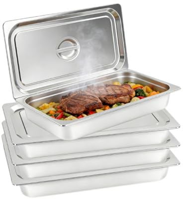 awolsrgiop Lot de 4 Bac Inox Alimentaire, 53.5 x 32.5 x 10 cm Plat Four Rectangulaire, Bac Inox Alimentaire Avec Couvercle, Récipient Gastronorme pour Nourriture, pour Cuisson, Restauration