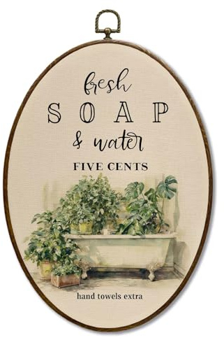 XINCEYWJ 215XS-YGH-soap Funny Plant Botanical Bathroom Oval Wall Art Decor, Rustic Farmhouse Canvas Prints Artwork Framed, Plant in Bathtub Oval Wall Hanging Decor for Bathroom, 11x8.5 In