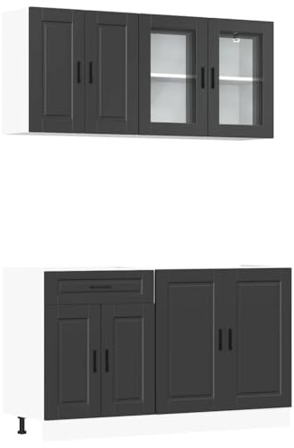 WRJENFSC Juego de 4 muebles de cocina Porto en negro, moderna cocina de madera con armarios para fregadero y armarios colgantes para una cocina eficiente y espacio de almacenamiento