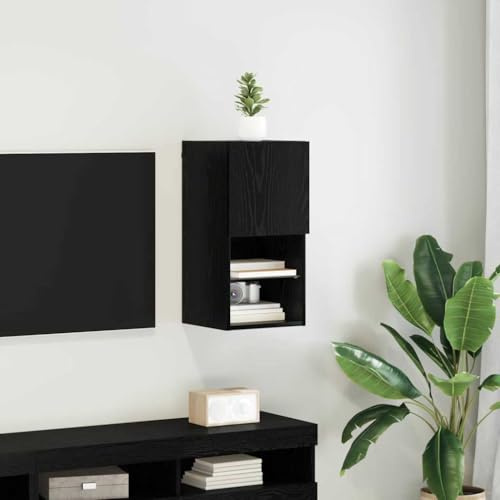 Boltkex Väggmonterat TV-skåp, svart ekutseende av trämaterial med LED, 1 dörr, 3 brädor, lagringsutrymme för TV, hemmabio, vardagsrum, ordning