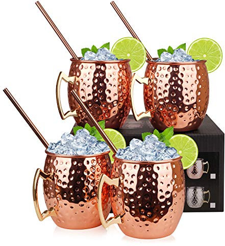 Hossejoy Moscow Mule Kupferbecher: Satz von 4 – Umfasst 4 x Becher 550ML, 4 Trinkhalme in Geschenkbox – Großartig für Cocktail Gekühlte Getränk – 100% Kupferzubehör Liebhaber