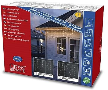 Konstsmide LED Eisregenvorhang, gefrostet, weiß, 30V Außentrafo, 200 bernsteinfarbene Dioden, weißes Kabel - 2788-802
