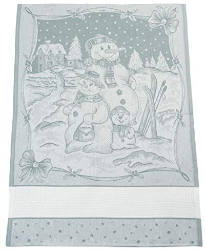 Filet - Strofinaccio Natalizio in Puro Cotone Jaquard, Misura 81 x 57 cm, con Inserto in Tela Aida da Ricamare, Fantasia Pupazzo di Neve, Color Ghiaccio, Simpatica Idea Regalo, Made in Italy