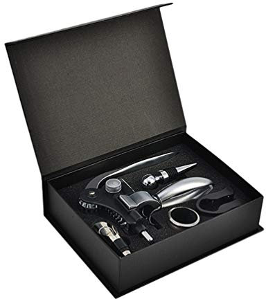 MisFox Set Apribottiglie Vino, Kit Accessori per Vino con Scatola Regalo in Legno Composto da Cavatappi a Leva, Tappi in Lega, Taglierino e Versatore