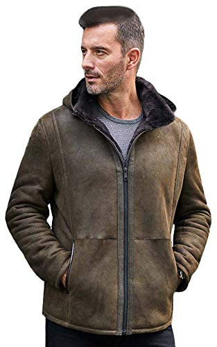 Herren Schaffell Schaffell Jacke Abnehmbare Kapuze Pelz Mantel Oversize Casual Mantel Kurze Lederjacke Gr. XL, grau-grün