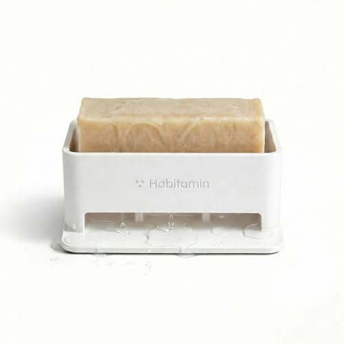 Habitamin Self-Draining Soap Dish – Fast Drying Soap Holder with 3 Suction Cups, Prevents Soap Melt & Water Buildup for Shower, Bathroom & Kitchen (Cool White)