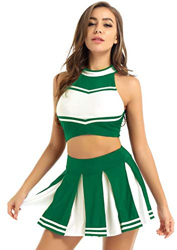iiniim Damen Cheer Leader Cheerleading Kostüm Crop Tops mit Faltenrock Tanzkleid Cheer Outfits Halloween Fasching Karneval Verkleidung Grün XXL