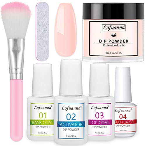 Lofuanna Kit de Poudre de Tremper,30g Nu Poudre à Tremper pour Ongles,Dip Powder Manucure pour Ongles Français Kits avec Base&Top Coat&Activateur&Brush Saver,Pas Besoin de Lampe à Ongles