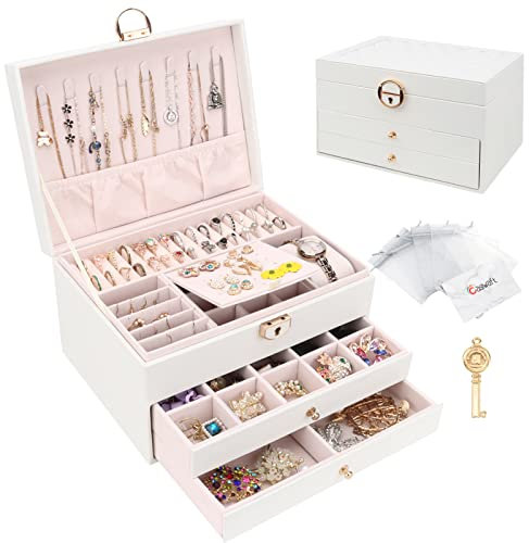 Schmuckkasten, Schmuckkästchen mit 3 Ebenen mit Schubladen, PU-Leder Schmuckbox Schmuckschatulle Groß Schmuck Organizer für Ringe Ohrringe Armbänder Halsketten, Weiß