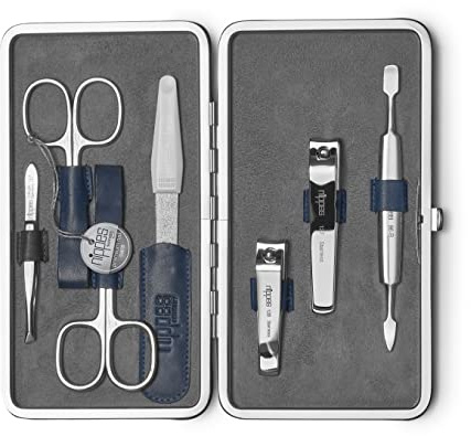 nippes Solingen Maniküre Set Vintage, 7-tlg., Rindsleder, Made in Germany | dunkelblau, weiches graues Wildleder innen, vernickelt, hochwertiges Rahmen-Etui, 7 Instrumente für Hand- und Fußpflege